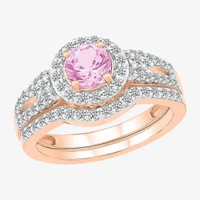 Modern Bride Gemstone Womens Lab Created Pink Sapphire 14k Rose Gold Round Bridal Set