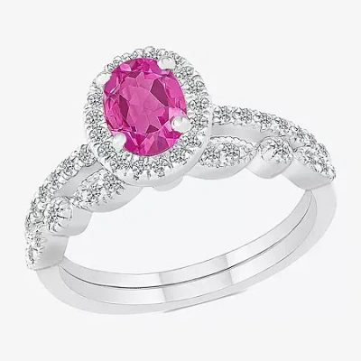 Modern Bride Gemstone Womens Lab Created Pink Sapphire 14k White Gold Oval Bridal Set