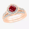 Modern Bride Gemstone Womens Lab Created Red Ruby 14k Rose Gold Cushion Bridal Set In Red