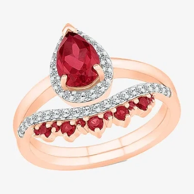 Modern Bride Gemstone Womens Lab Created Red Ruby 14k Rose Gold Pear Bridal Set