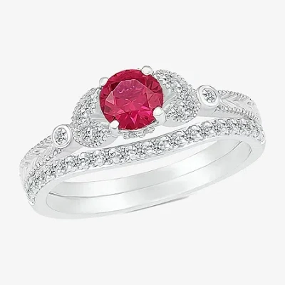 Modern Bride Gemstone Womens Lab Created Red Ruby 14k White Gold Bridal Set In Silver