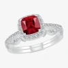 Modern Bride Gemstone Womens Lab Created Red Ruby 14k White Gold Cushion Bridal Set In Red