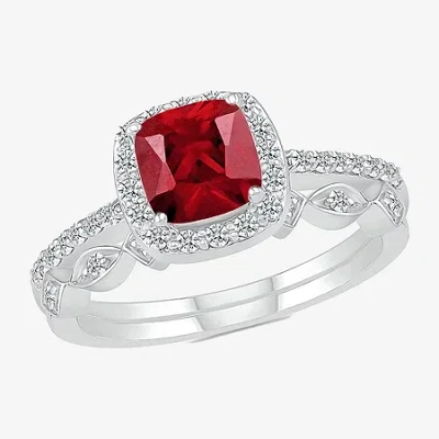 Modern Bride Gemstone Womens Lab Created Red Ruby 14k White Gold Cushion Bridal Set