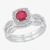 Modern Bride Gemstone Womens Lab Created Red Ruby 14k White Gold Cushion Bridal Set In Red