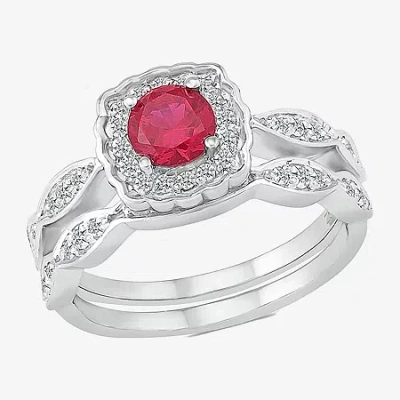 Modern Bride Gemstone Womens Lab Created Red Ruby 14k White Gold Cushion Bridal Set