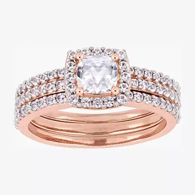 Modern Bride Gemstone Womens Lab Created White Sapphire 18k Rose Gold Over Silver Cushion Halo Bridal Set In Pink