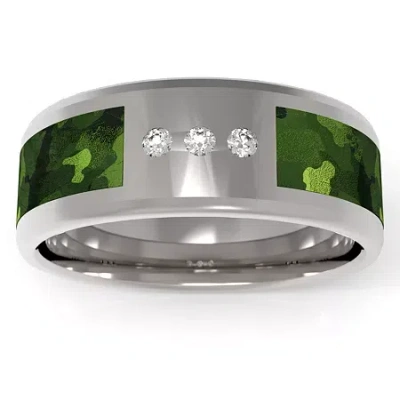 Modern Bride Green Camo Mens 7mm 1/10 Ct. T.w. Natural White Diamond Stainless Steel Wedding Band In Transparent