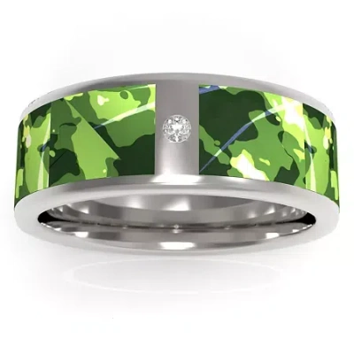 Modern Bride Green Camo Mens 8mm Diamond Accent Natural White Diamond Stainless Steel Wedding Band In Transparent