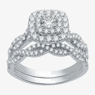 Modern Bride (h-i / I1) Womens 1 1/2 Ct. T.w. Lab Grown White Diamond 10k White Gold Cushion Side Stone Halo Brid In Metallic