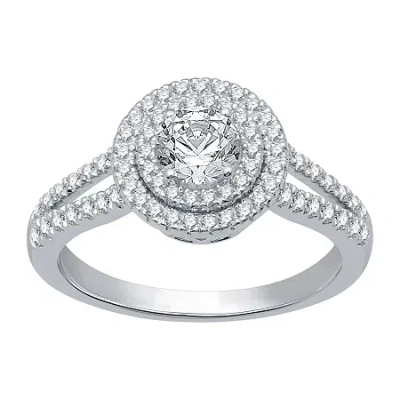 Modern Bride (h-i / I1) Womens 1 Ct. T.w. Lab Grown White Diamond 10k White Gold Side Stone Halo Engagement Ring