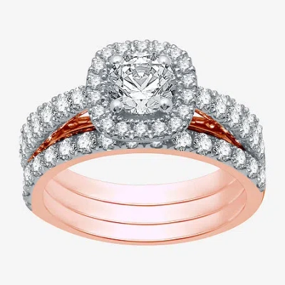 Modern Bride (h-i / I1) Womens 2 Ct. T.w. Lab Grown White Diamond 10k Rose Gold Cushion Side Stone Halo Bridal Se In Metallic