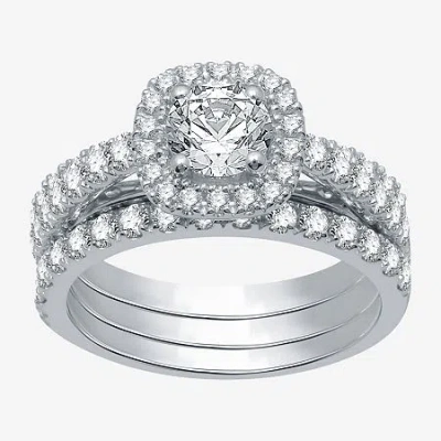 Modern Bride (h-i / I1) Womens 2 Ct. T.w. Lab Grown White Diamond 10k White Gold Cushion Side Stone Halo Bridal S