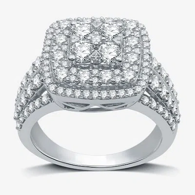 Modern Bride (h-i / I1) Womens 2 Ct. T.w. Lab Grown White Diamond 10k White Gold Cushion Side Stone Halo Engageme In Metallic