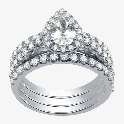 Modern Bride (h-i / I1) Womens 2 Ct. T.w. Lab Grown White Diamond 10k White Gold Pear Side Stone Halo Bridal Set In Silver