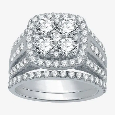 Modern Bride (h-i / I1) Womens 3 Ct. T.w. Lab Grown White Diamond 10k White Gold Cushion Side Stone Halo Bridal S In Silver