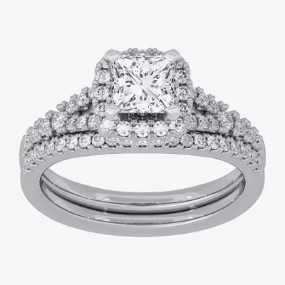 Modern Bride (h-i / Si1-si2) Womens 1 1/2 Ct. T.w. Lab Grown White Diamond 10k White Gold Cushion Side Stone Halo In Silver
