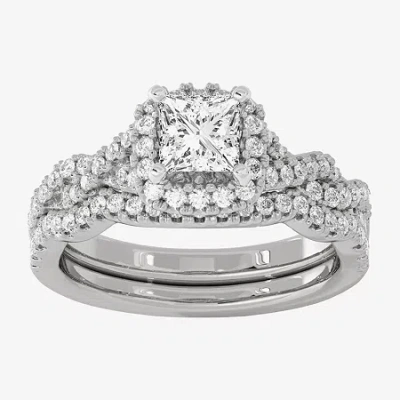 Modern Bride (h-i / Si1-si2) Womens 1 1/2 Ct. T.w. Lab Grown White Diamond 10k White Gold Cushion Side Stone Halo In Silver