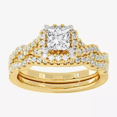 Modern Bride (h-i / Si1-si2) Womens 1 1/2 Ct. T.w. Lab Grown White Diamond 10k White Gold Cushion Side Stone Halo