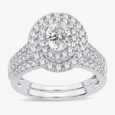 Modern Bride (h-i / Si1-si2) Womens 1 1/2 Ct. T.w. Lab Grown White Diamond 10k White Gold Oval Side Stone Halo Br In Green