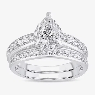 Modern Bride (h-i / Si1-si2) Womens 1 1/2 Ct. T.w. Lab Grown White Diamond 10k White Gold Pear Side Stone Halo Br In Silver