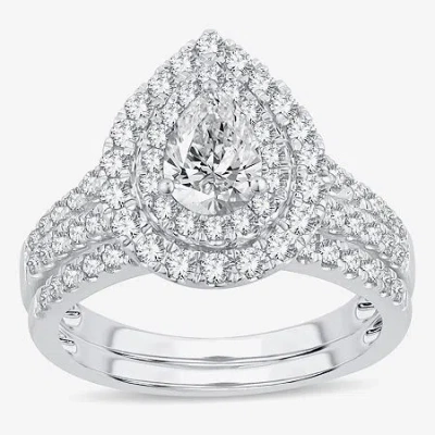 Modern Bride (h-i / Si1-si2) Womens 1 1/2 Ct. T.w. Lab Grown White Diamond 10k White Gold Pear Side Stone Halo Br In Metallic