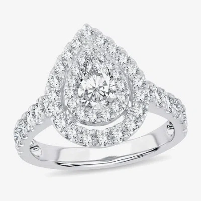 Modern Bride (h-i / Si1-si2) Womens 1 1/2 Ct. T.w. Lab Grown White Diamond 10k White Gold Pear Side Stone Halo En In Neutral