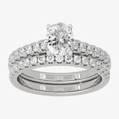 Modern Bride (h-i / Si1-si2) Womens 1 1/2 Ct. T.w. Lab Grown White Diamond 10k White Gold Round Side Stone Halo B In Neutral