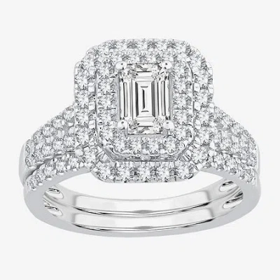 Modern Bride (h-i / Si1-si2) Womens 1 1/2 Ct. T.w. Lab Grown White Diamond 10k White Gold Side Stone Halo Bridal  In Silver