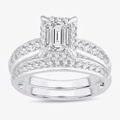 Modern Bride (h-i / Si1-si2) Womens 1 1/2 Ct. T.w. Lab Grown White Diamond 10k White Gold Side Stone Halo Bridal  In Silver