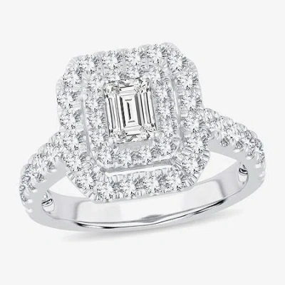 Modern Bride (h-i / Si1-si2) Womens 1 1/2 Ct. T.w. Lab Grown White Diamond 10k White Gold Side Stone Halo Engagem In Neutral