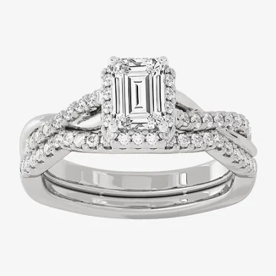 Modern Bride (h-i / Si1-si2) Womens 1 1/5 Ct. T.w. Lab Grown White Diamond 10k White Gold Side Stone Halo Bridal  In Silver