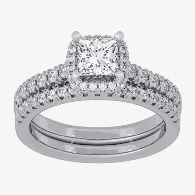 Modern Bride (h-i / Si1-si2) Womens 1 5/8 Ct. T.w. Lab Grown White Diamond 10k White Gold Cushion Side Stone Halo In Silver