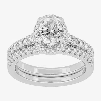 Modern Bride (h-i / Si1-si2) Womens 1 5/8 Ct. T.w. Lab Grown White Diamond 10k White Gold Oval Side Stone Halo Br In Silver