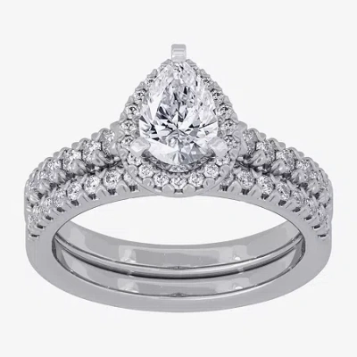 Modern Bride (h-i / Si1-si2) Womens 1 5/8 Ct. T.w. Lab Grown White Diamond 10k White Gold Pear Side Stone Halo Br In Silver
