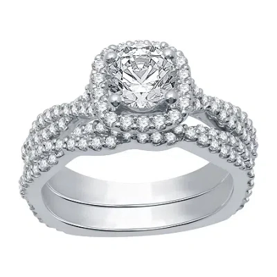 Modern Bride (h-i / Si1-si2) Womens 1 5/8 Ct. T.w. Lab Grown White Diamond 14k White Gold Side Stone Halo Engagem