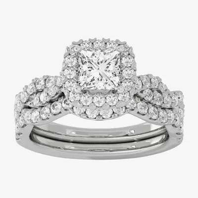 Modern Bride (h-i / Si1-si2) Womens 1 7/8 Ct. T.w. Lab Grown White Diamond 10k White Gold Cushion Side Stone Halo In Silver