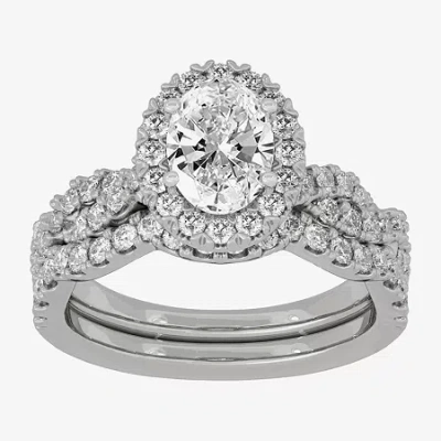 Modern Bride (h-i / Si1-si2) Womens 1 7/8 Ct. T.w. Lab Grown White Diamond 10k White Gold Oval Side Stone Halo Br In Silver