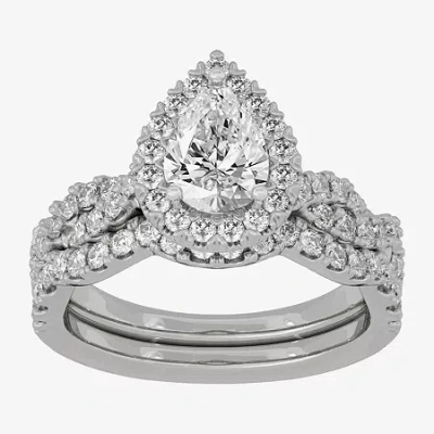 Modern Bride (h-i / Si1-si2) Womens 1 7/8 Ct. T.w. Lab Grown White Diamond 10k White Gold Pear Side Stone Halo Br In Silver