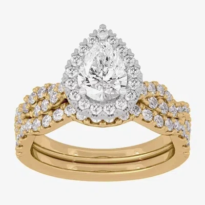 Modern Bride (h-i / Si1-si2) Womens 1 7/8 Ct. T.w. Lab Grown White Diamond 10k White Gold Pear Side Stone Halo Br