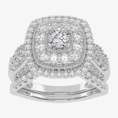 Modern Bride (h-i / Si1-si2) Womens 1 Ct. T.w. Lab Grown White Diamond 10k Or 14k Gold Cushion Halo Bridal Set In Silver