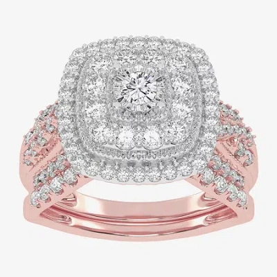 Modern Bride (h-i / Si1-si2) Womens 1 Ct. T.w. Lab Grown White Diamond 10k Or 14k Gold Cushion Halo Bridal Set In Pink