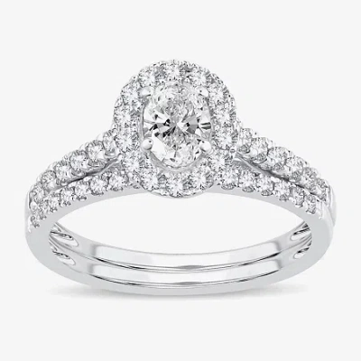 Modern Bride (h-i / Si1-si2) Womens 1 Ct. T.w. Lab Grown White Diamond 10k White Gold Oval Side Stone Halo Bridal In Silver