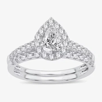Modern Bride (h-i / Si1-si2) Womens 1 Ct. T.w. Lab Grown White Diamond 10k White Gold Pear Side Stone Halo Bridal In Silver