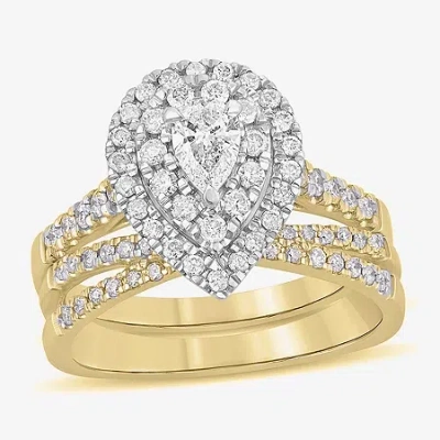 Modern Bride (h-i / Si1-si2) Womens 1 Ct. T.w. Lab Grown White Diamond 10k White Gold Pear Side Stone Halo Bridal