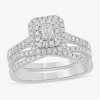 Modern Bride (h-i / Si1-si2) Womens 1 Ct. T.w. Lab Grown White Diamond 10k White Gold Side Stone Halo Bridal Set In Silver
