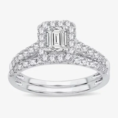 Modern Bride (h-i / Si1-si2) Womens 1 Ct. T.w. Lab Grown White Diamond 10k White Gold Side Stone Halo Bridal Set In Silver