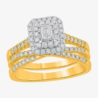 Modern Bride (h-i / Si1-si2) Womens 1 Ct. T.w. Lab Grown White Diamond 10k White Gold Side Stone Halo Bridal Set In Yellow