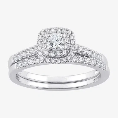 Modern Bride (h-i / Si1-si2) Womens 1/2 Ct. T.w. Lab Grown White Diamond 10k Or 14k Gold Cushion Side Stone Halo 