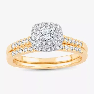 Modern Bride (h-i / Si1-si2) Womens 1/2 Ct. T.w. Lab Grown White Diamond 10k Or 14k Gold Cushion Side Stone Halo  In Yellow