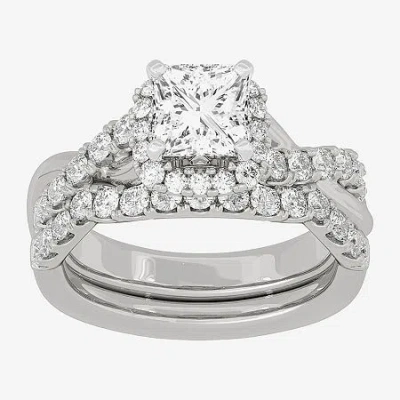 Modern Bride (h-i / Si1-si2) Womens 2 Ct. T.w. Lab Grown White Diamond 10k White Gold Cushion Side Stone Halo Bri In Silver